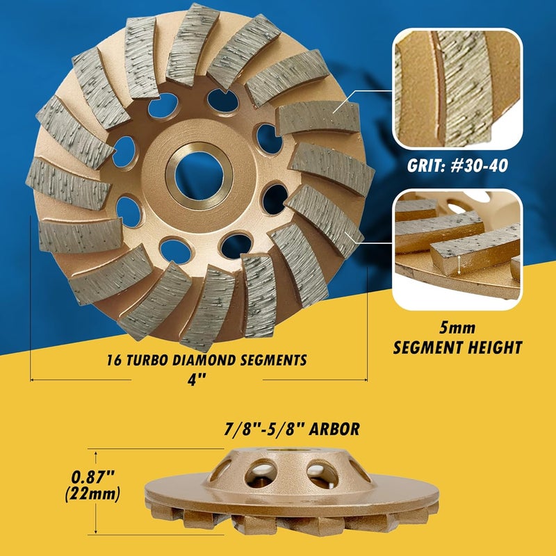 EDiamondTools 4" Diamond Grinding Wheels for Concrete or Masonry, 16 Turbo Segments, #30/40 Grit, Medium Bond, 7/8"-5/8" Arbor - Image 4