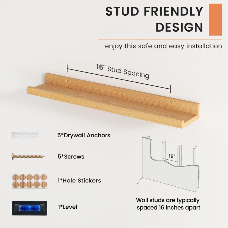 FLYJOE Picture Ledge Shelf, Floating Shelves Set of 2, 24 Inches Nursery Book Shelves for Toys Storage, Kids Bookshelf Wall Mounted for Living Room Bedroom Decor Books Photo Frames, Natural Oak - Image 5