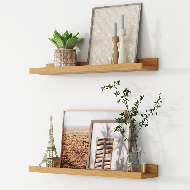 FLYJOE Picture Ledge Shelf, Floating Shelves Set of 2, 24 Inches Nursery Book Shelves for Toys Storage, Kids Bookshelf Wall Mounted for Living Room Bedroom Decor Books Photo Frames, Natural Oak - Image 1