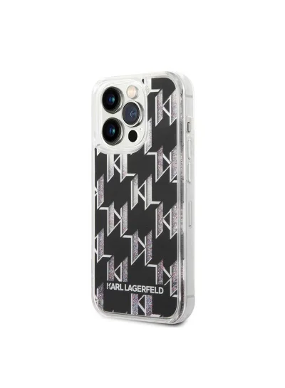 Karl Lagerfeld Liquid Glitter Case Monogram Pattern Glitter, Slim and Shiny Back Cover Compatible With iPhone 14 Plus - Black