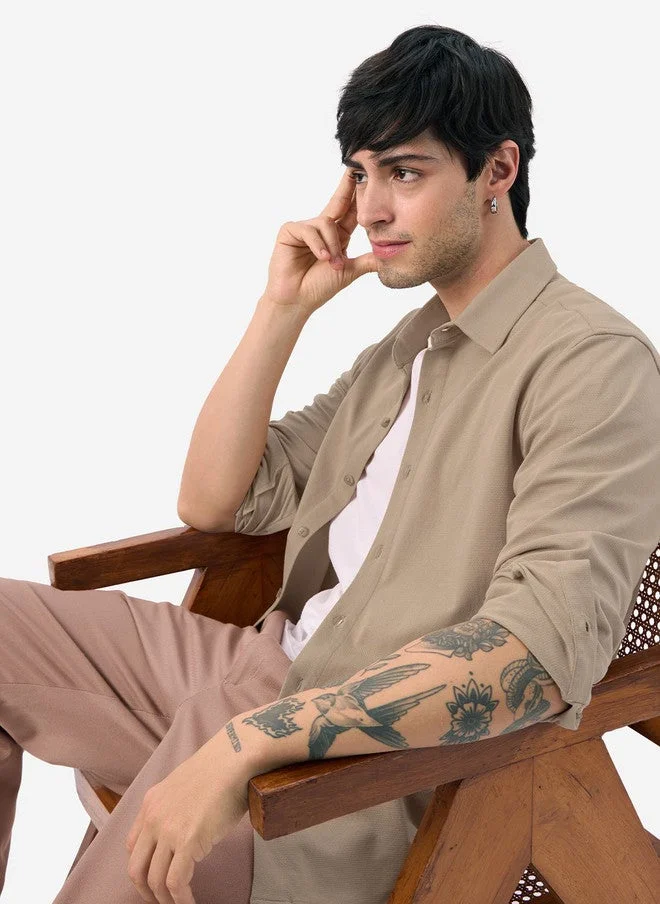 The Souled Store  The Souled Store Men Mudbrown Solid Brown Regular Fit Textured Shirt  | Best Price UAE