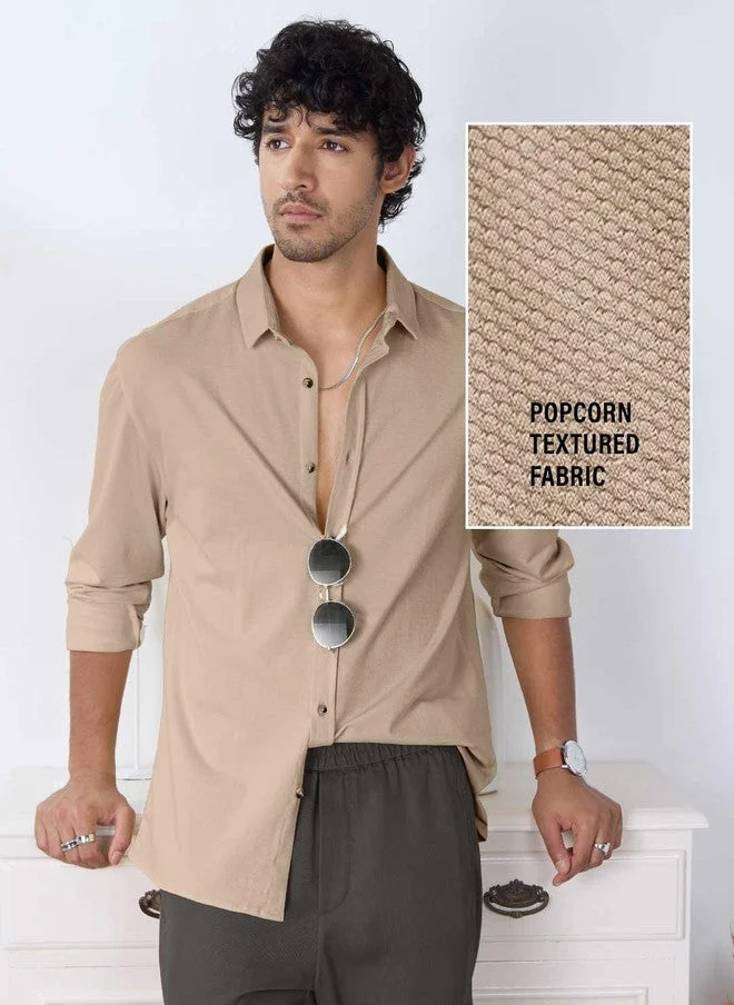 The Souled Store  The Souled Store Men Mudbrown Solid Brown Regular Fit Textured Shirt  | Best Price UAE