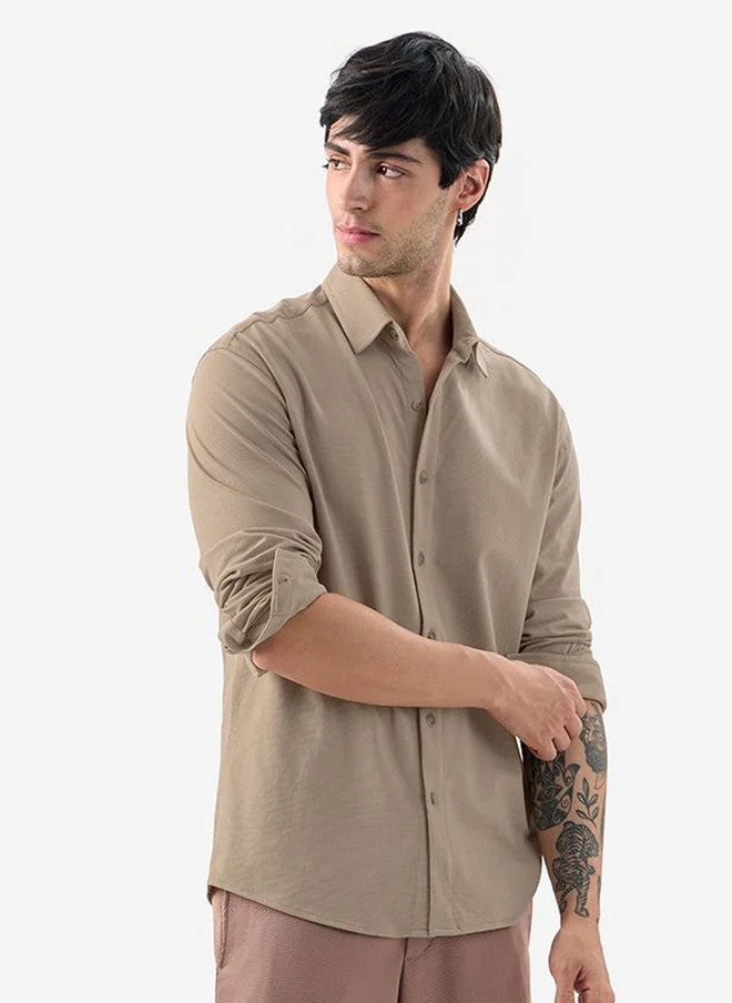 The Souled Store Men Mudbrown Solid Brown Regular Fit Textured Shirt