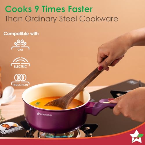Wonderchef Bellagio Sauce Pan | 16 cm | 1.4 L | Non-Stick Ceramic Coating | Non-Toxic | Pure Aluminium | PFAS and PFOA Free | 3mm Thickness | Two-Tone Soft-Touch Handle & Knob | 2 Years Warranty - Image 4