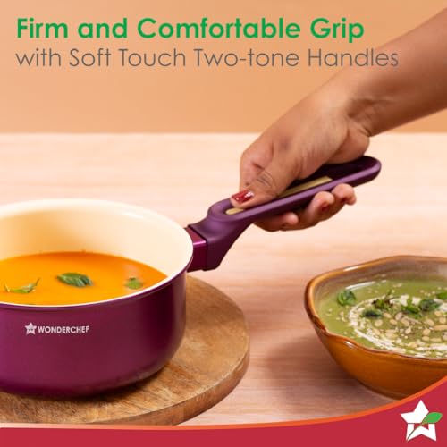 Wonderchef Bellagio Sauce Pan | 16 cm | 1.4 L | Non-Stick Ceramic Coating | Non-Toxic | Pure Aluminium | PFAS and PFOA Free | 3mm Thickness | Two-Tone Soft-Touch Handle & Knob | 2 Years Warranty - Image 5