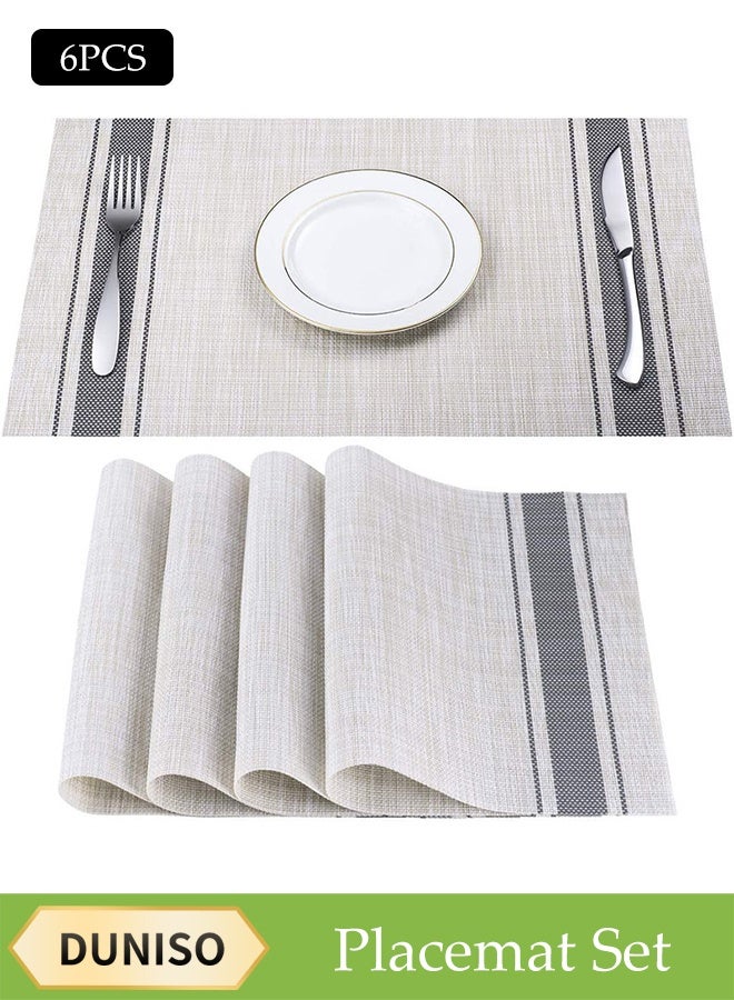 DUNISO 6 Pcs Placemat，Western Style Mats, Table Mats, Bowl Mats and Plate Mats，Linen Stripe，Anti Slip, Oil Resistant, and Heat-insulating，Gray Grid Pattern - Image 1