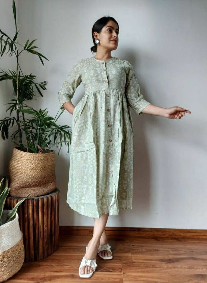 IndHeritage - Premium pastel green colour dress with white floral prints, calf length dress with white floral prints - Stylish trending Indo Western Dress - IDH00207 - Image 1