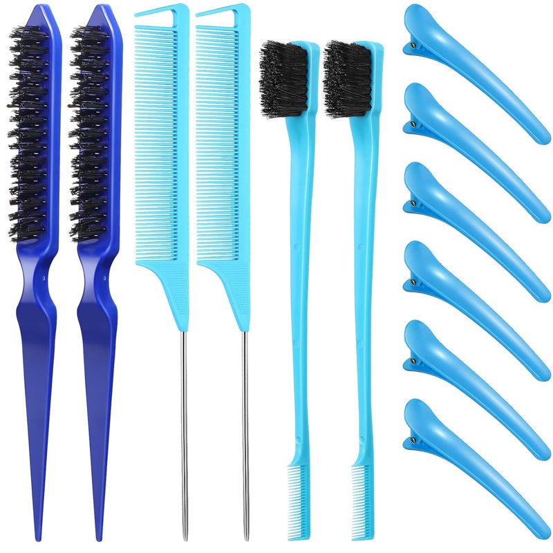 Remerry Hair Brush Set 12 Pieces Nylon Brushes for Women  Girls  Including 3 Row Salon Teasing Brush Double Sided Hair Edge Brush Smooth Comb Grooming Rat Tail Combs  Duckbill Clips  Blue