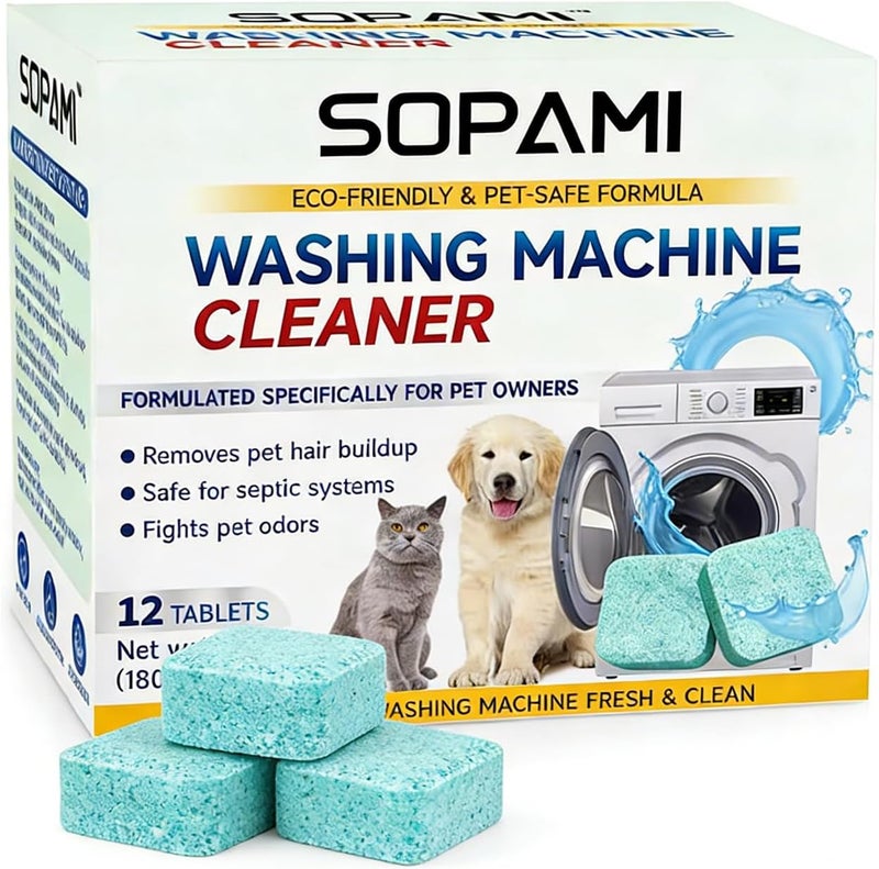 SOPAMI Washing Machine Cleaner Tablets 12 Pack, Deep Clean HE Front Load Top Load Washer, Remove Stubborn Pet Hair Odors, Septic Safe Pet Owner Solution washing machine tablets - Image 1