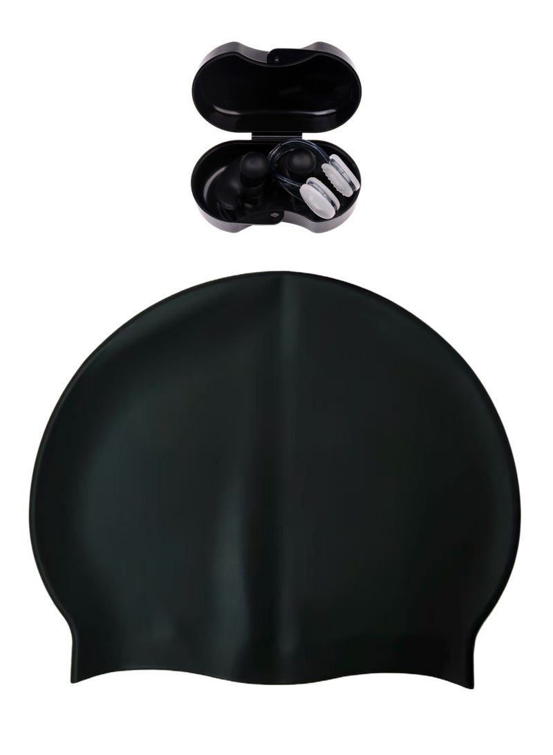 EastChoix 55g Silicone Swim Cap for Adults - All-Black with Nose Clip & Earplugs Set, Waterproof Non-Slip Swimming Cap Keep Hair Dry - Image 1