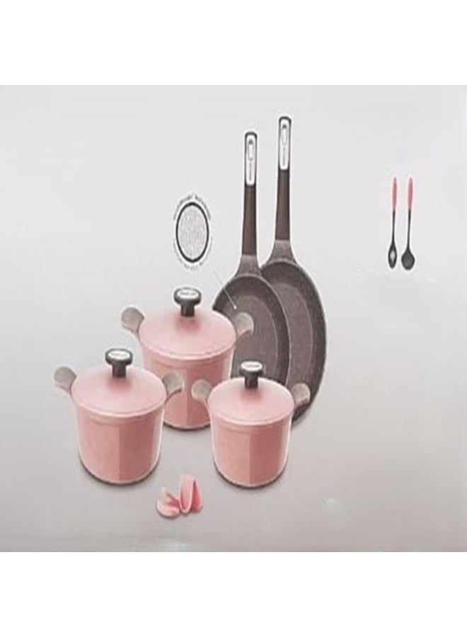 Neoflam Pote Cast Aluminum With Ecolon Coating Cooking Set 10 Pieces Set Pink Marble - Image 3