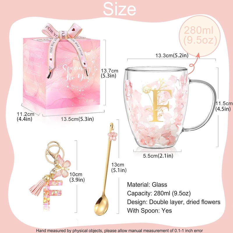 BigNoseDeer Gifts for Women Glass Coffee Mugs Unique Birthday Gift for Women Her Ladies Espresso Tea Cups Personalised Friendship Wedding Gifts Cute Double Walled Glass Mugs Pink Stuff Graduation Gift (Letter F) - Image 5