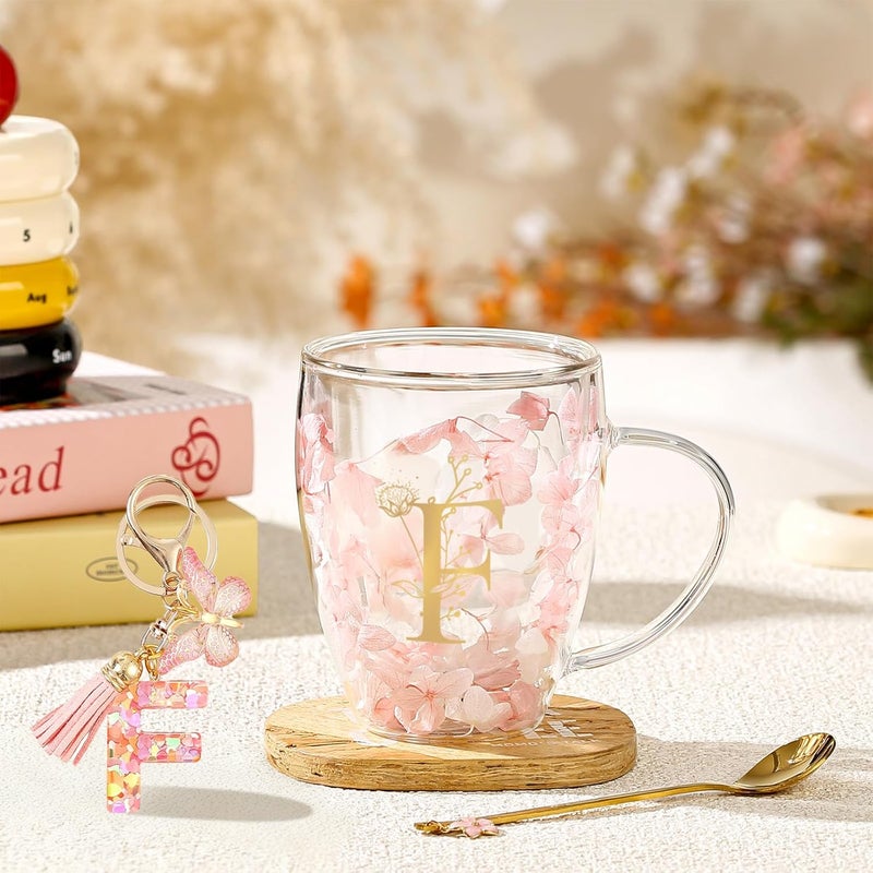 BigNoseDeer Gifts for Women Glass Coffee Mugs Unique Birthday Gift for Women Her Ladies Espresso Tea Cups Personalised Friendship Wedding Gifts Cute Double Walled Glass Mugs Pink Stuff Graduation Gift (Letter F) - Image 4