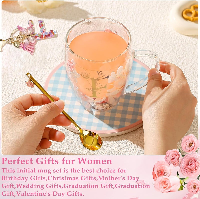 BigNoseDeer Gifts for Women Glass Coffee Mugs Unique Birthday Gift for Women Her Ladies Espresso Tea Cups Personalised Friendship Wedding Gifts Cute Double Walled Glass Mugs Pink Stuff Graduation Gift (Letter F) - Image 2