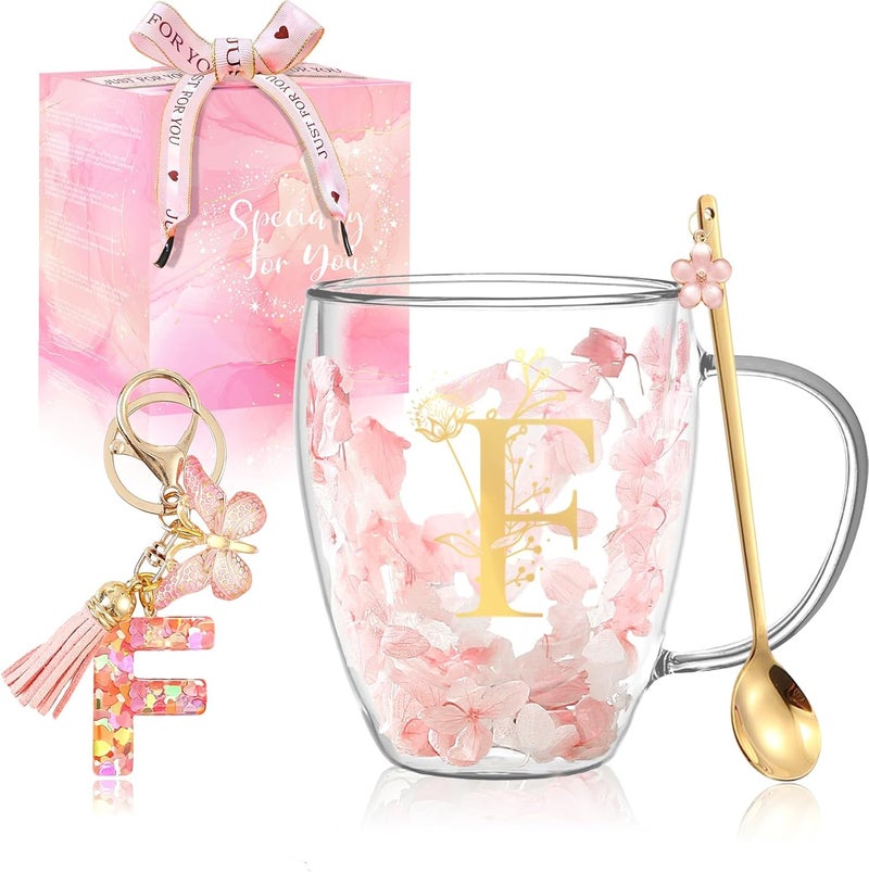 BigNoseDeer Gifts for Women Glass Coffee Mugs Unique Birthday Gift for Women Her Ladies Espresso Tea Cups Personalised Friendship Wedding Gifts Cute Double Walled Glass Mugs Pink Stuff Graduation Gift (Letter F) - Image 1