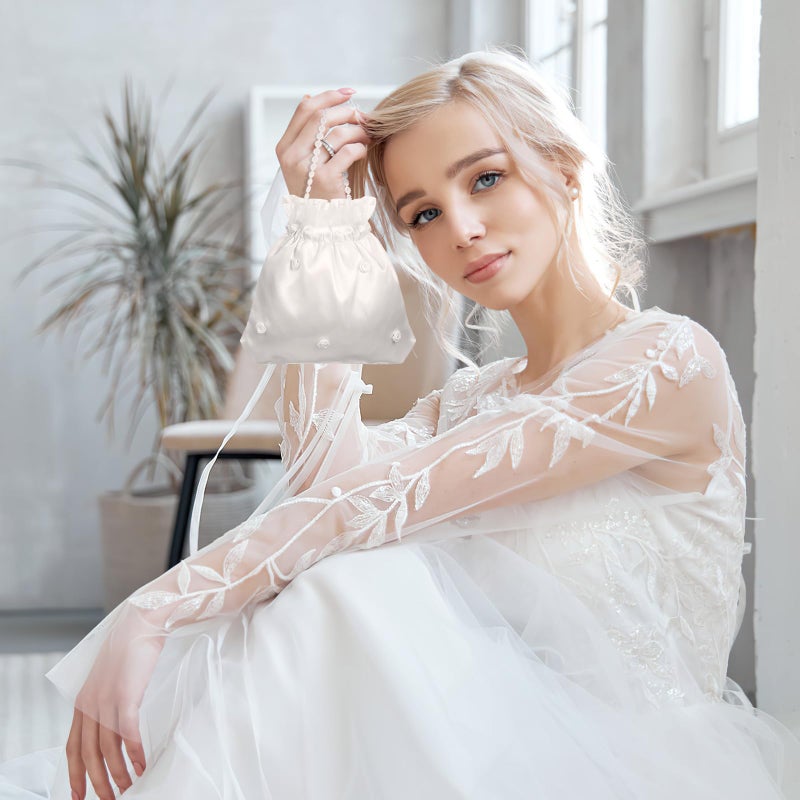 BESTOYARD حقائب زفاف BESTOYARD ساتان 8 إنش حقيبة نقود مزينة بالزهور مع لؤلؤة، حقيبة دوللي زفاف حقيبة نقود حقيبة حفلات الزفاف للنساء - Image 4