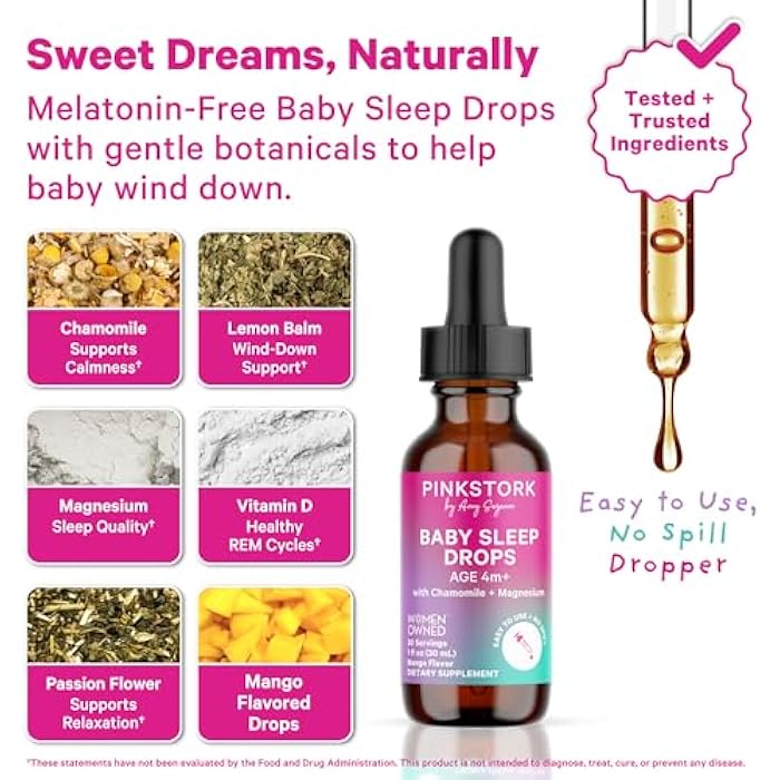 Pink Stork قطرات نوم بيبي من بينك ستورك، تدعم النوم بشكل طبيعي بدون ميلاتونين للرضع والأطفال الصغار، تساعد على النوم مع البابونج والمغنيسيوم، أساسيات للأطفال وقت النوم، 1 أونصة، 30 حصة - Image 2