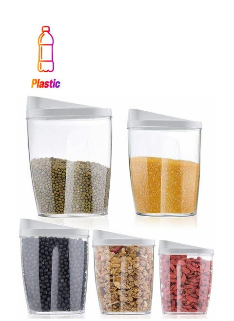 Locking Clear Acrylic Plastic Food Storage Jars Canister Set Ideal for Sugar, Tea, Coffee, Rice, Pasta etc with Airtight Lids Capacity 5 Pcs Different Size 1440ml 960ml 720ml 480ml 300ml