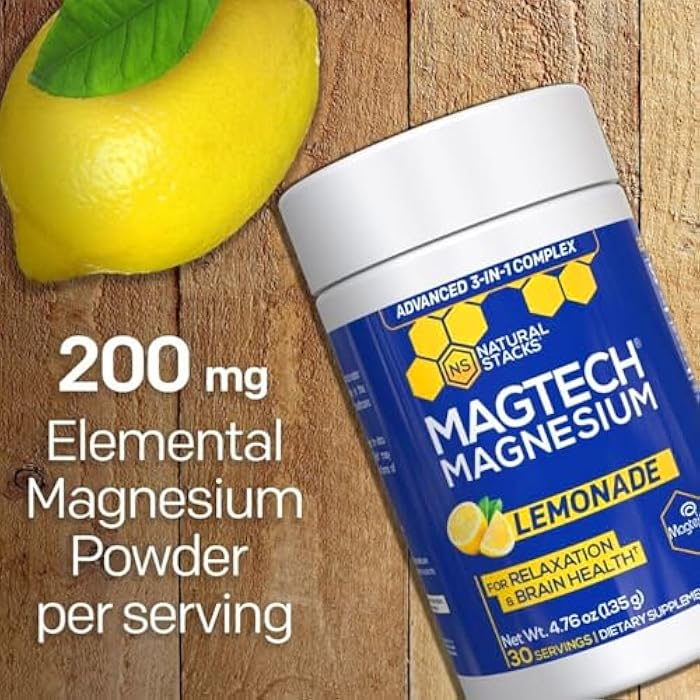 Natural Stacks Magtein Magnesium L-Threonate, Glycinate & Taurate - MagTech Magnesium Powder - Sugar Free Lemonade Drink - 200mg Chelated Triple Complex - Supports Relaxation & Brain Health* - 30 Servings - Image 3
