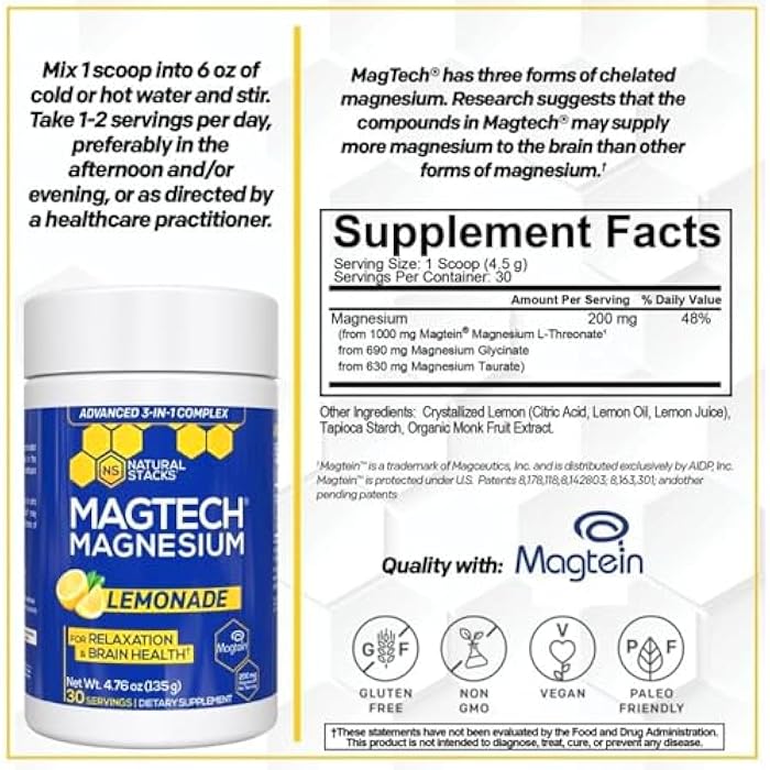 Natural Stacks Magtein Magnesium L-Threonate, Glycinate & Taurate - MagTech Magnesium Powder - Sugar Free Lemonade Drink - 200mg Chelated Triple Complex - Supports Relaxation & Brain Health* - 30 Servings - Image 2
