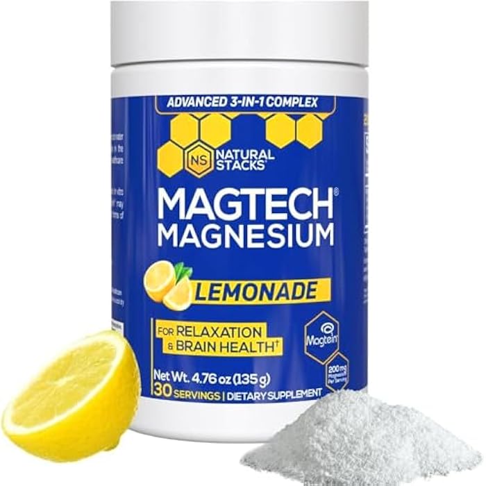 Natural Stacks Magtein Magnesium L-Threonate, Glycinate & Taurate - MagTech Magnesium Powder - Sugar Free Lemonade Drink - 200mg Chelated Triple Complex - Supports Relaxation & Brain Health* - 30 Servings - Image 1