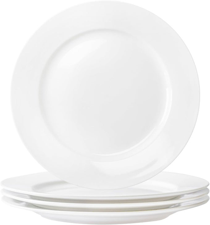 8 INCH CERAMIC DINNER PLATES SET OF 4 ROUNDED WHITE SALAD PLATES FOR LUNCH PIZZA BUFFET STEAK AND BREAD MICROWAVE AND DISHWASHER SAFE