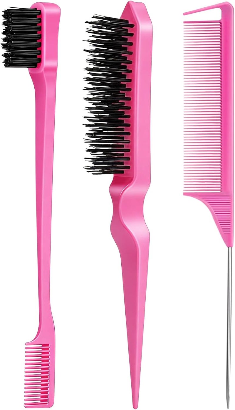 Goiple 3 Pieces Hair Styling Comb Set Teasing Hair Brush Rat Tail Comb Edge Brush for Edge&Back Brushing, Combing, Slicking Hair for Women (Pink) - Image 1