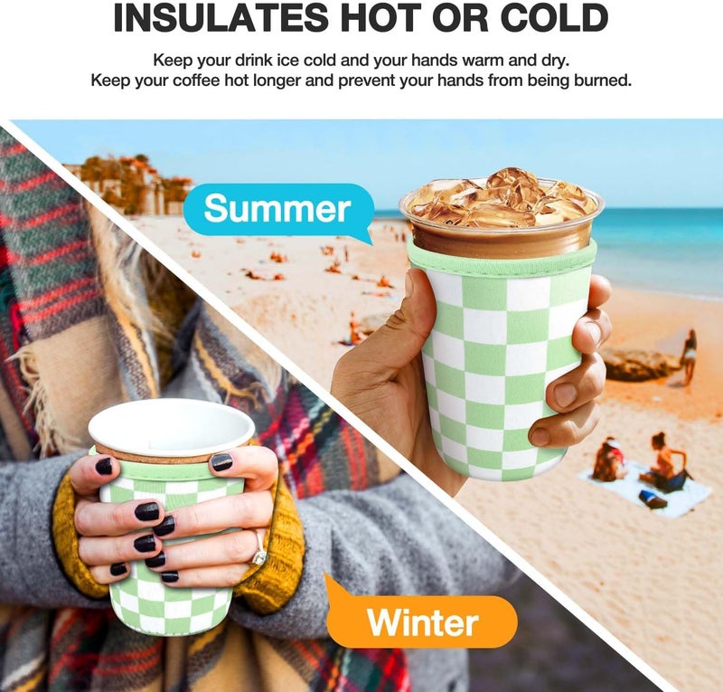 كي بي اكس 3 Pack Iced Coffee Cup Sleeve for Large Sized Cups, Reusable Neoprene Iced Coffee Cup Holder for Hot Cold Drinks, Compatible with Starbucks, Dunkin Donuts, and More（Green Checkered） - Image 4
