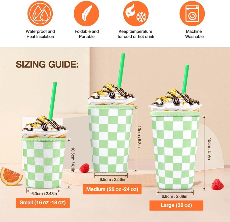كي بي اكس 3 Pack Iced Coffee Cup Sleeve for Large Sized Cups, Reusable Neoprene Iced Coffee Cup Holder for Hot Cold Drinks, Compatible with Starbucks, Dunkin Donuts, and More（Green Checkered） - Image 2