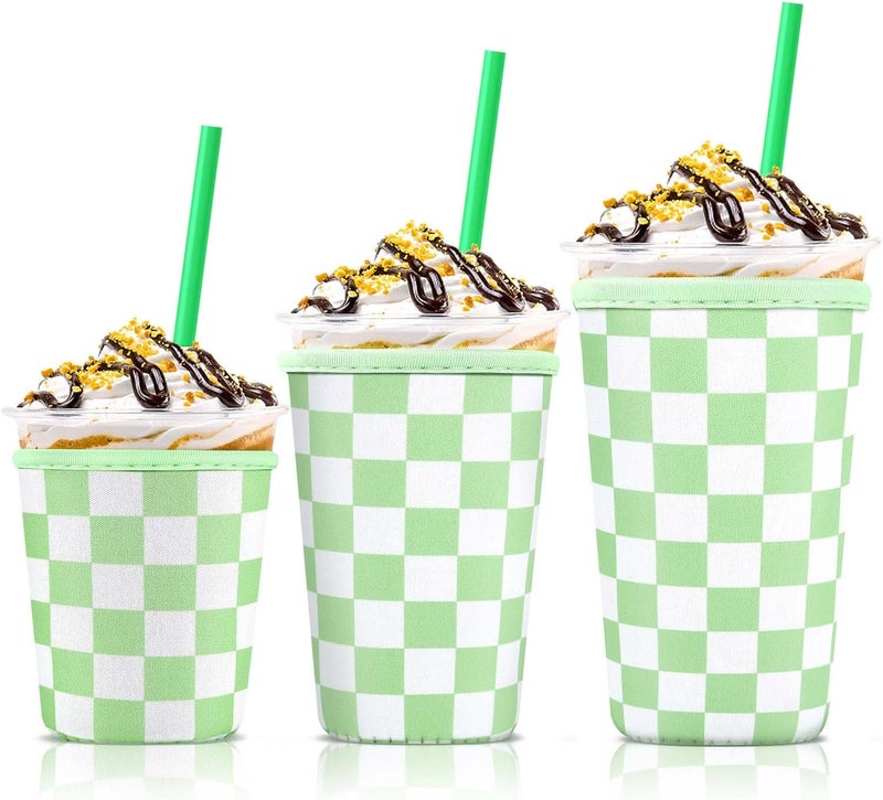كي بي اكس 3 Pack Iced Coffee Cup Sleeve for Large Sized Cups, Reusable Neoprene Iced Coffee Cup Holder for Hot Cold Drinks, Compatible with Starbucks, Dunkin Donuts, and More（Green Checkered） - Image 1