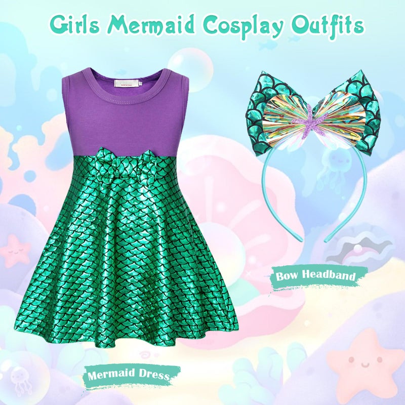 HenzWorld Little Girls Mermaid Princess Costume Dress for Girls Dress Up Birthday Party Cosplay Tank Tops Fish Scale with Headband 6t, 5-6 Years - Image 3