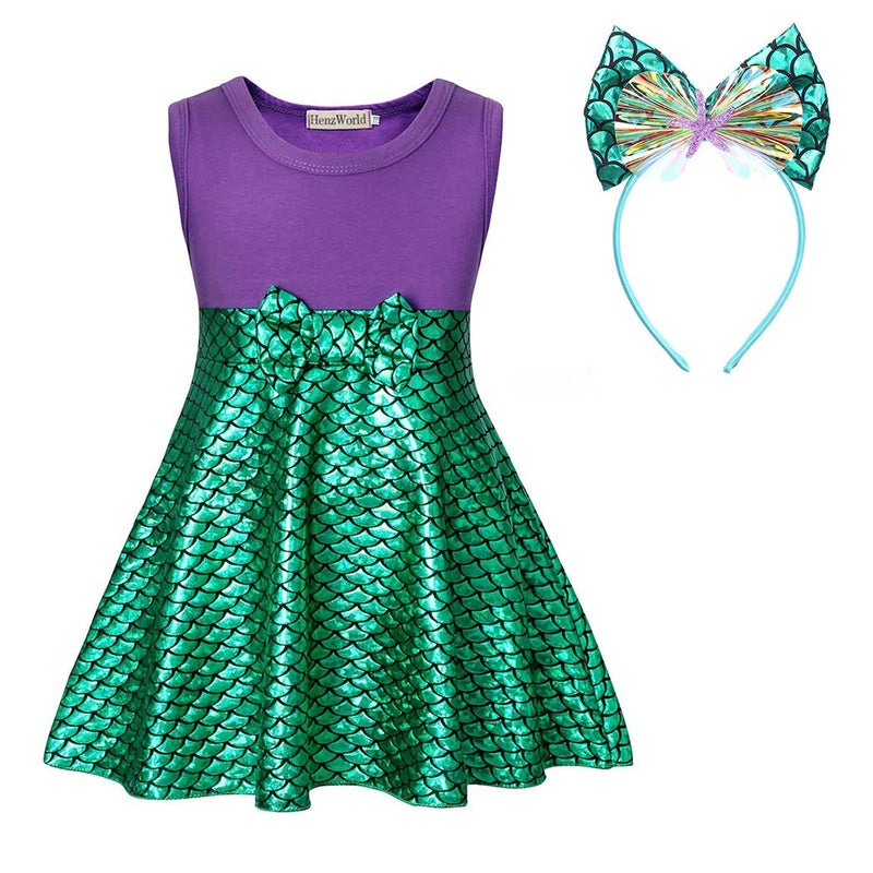 HenzWorld Little Girls Mermaid Princess Costume Dress for Girls Dress Up Birthday Party Cosplay Tank Tops Fish Scale with Headband 6t, 5-6 Years - Image 1