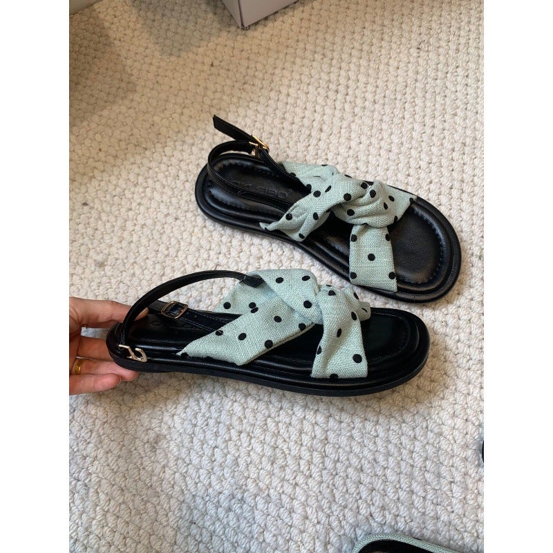 Green Polka Dot Flat Toe Ring Slide Sandals - Image 5