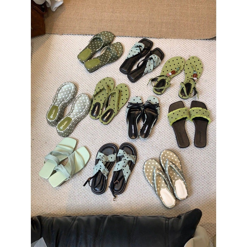 Green Polka Dot Flat Toe Ring Slide Sandals - Image 3