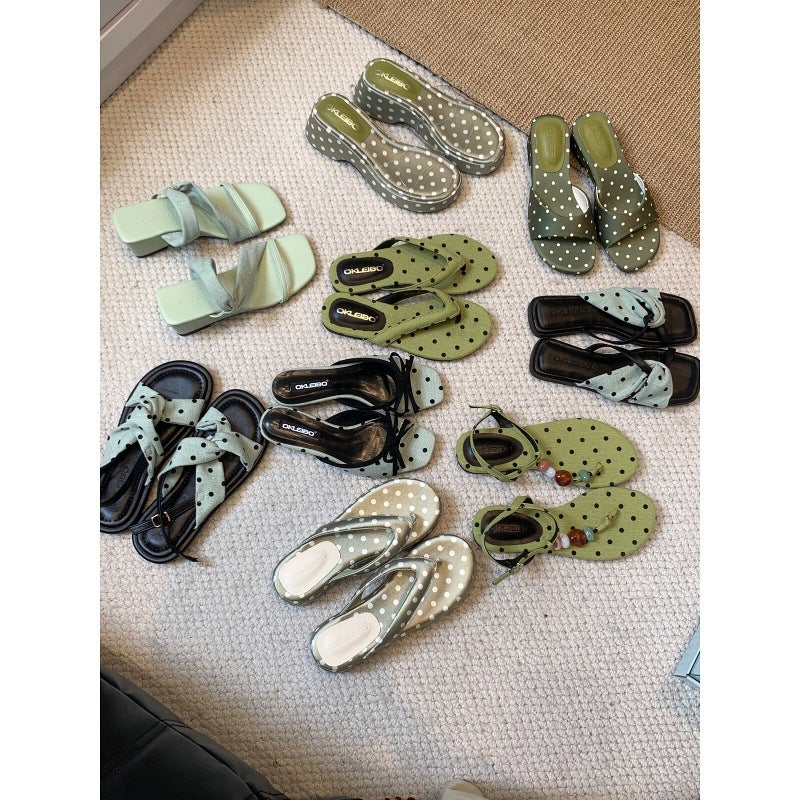 Green Polka Dot Flat Toe Ring Slide Sandals - Image 2