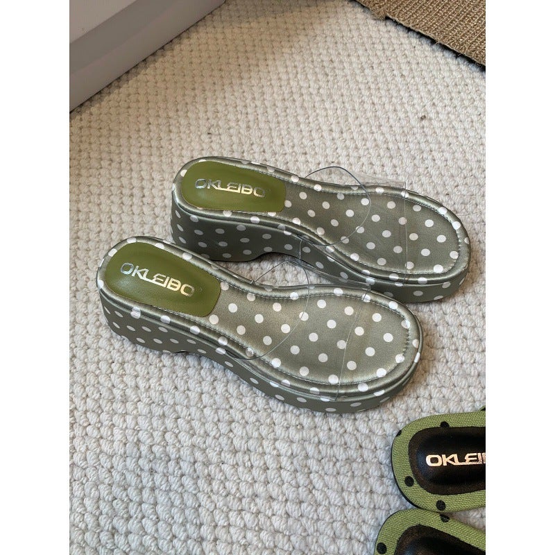 Green Polka Dot Flat Toe Ring Slide Sandals - Image 4