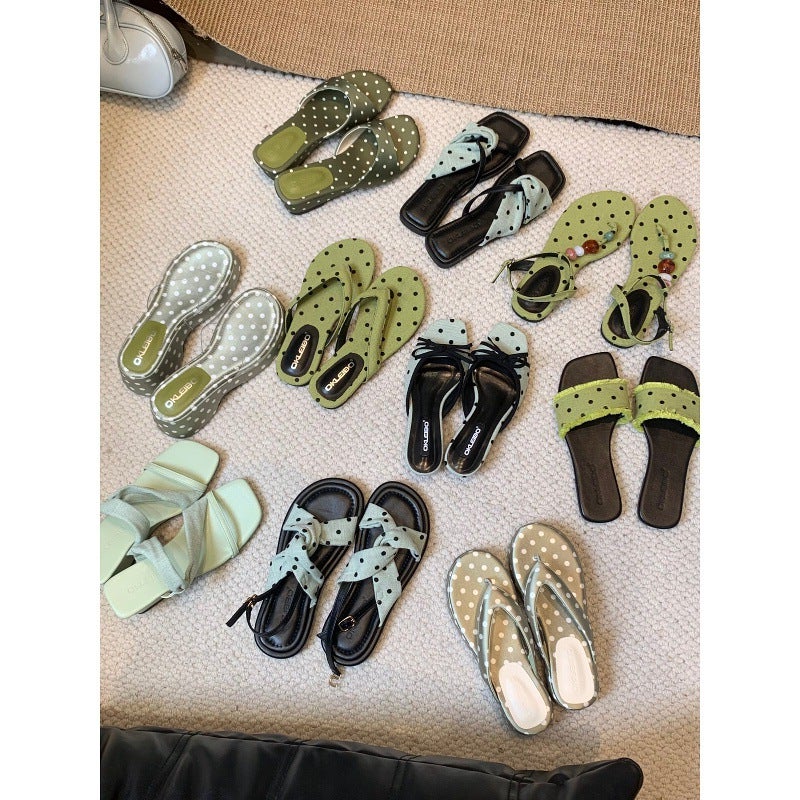 Green Polka Dot Flat Toe Ring Slide Sandals - Image 1
