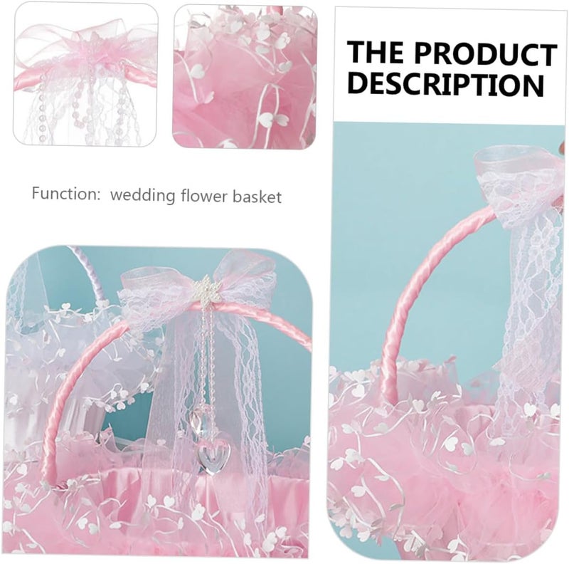 BESTonZON Portable Pink Lace Wedding Flower Basket Handheld Storage Basket for Wedding Ceremony and Party Decor - Image 3