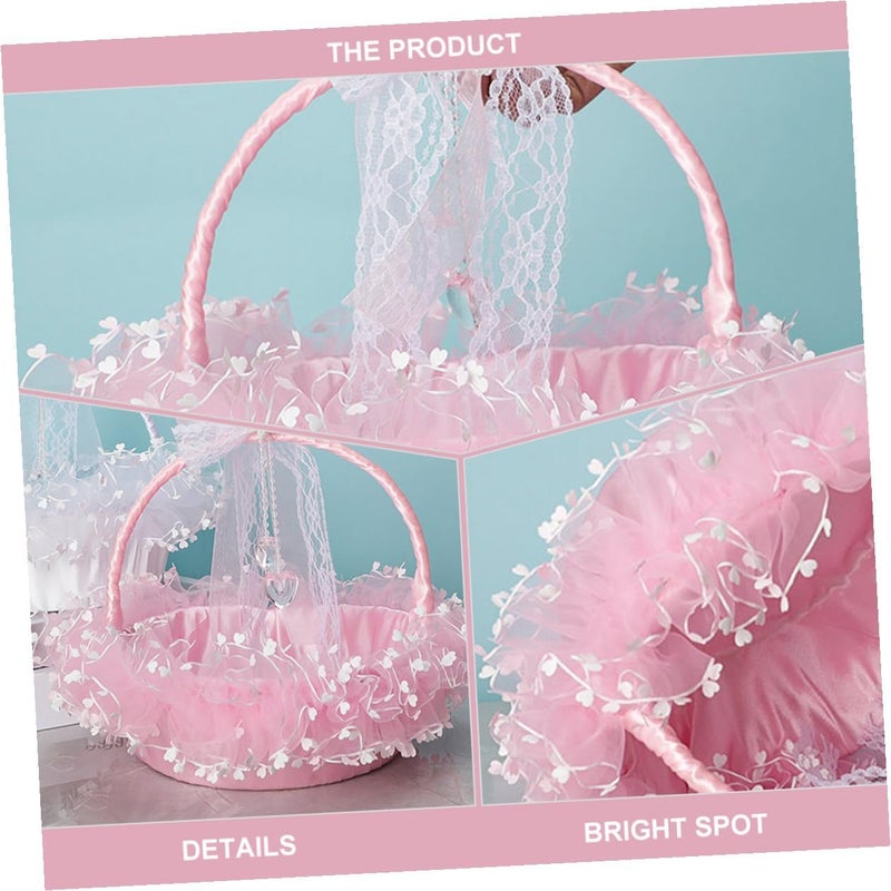 BESTonZON Portable Pink Lace Wedding Flower Basket Handheld Storage Basket for Wedding Ceremony and Party Decor - Image 5