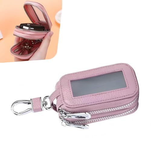 Hugwits Car Key Fob Case Portable Genuine Leather Car Keychain Cover Bag Multifunctional Cars Remote Key Case Universal for Men and Women Pink - Image 1