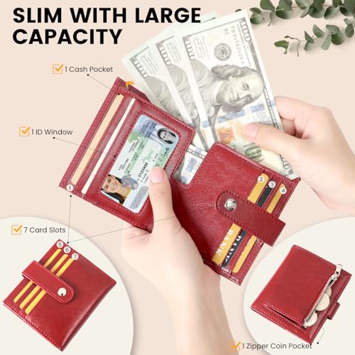JEEBURYEE Women's Slim Leather RFID Blocking Bifold Wallet with Zipper Coin Pocket - Minimalist Small Credit Card Holder (Wine Red) - Image 2