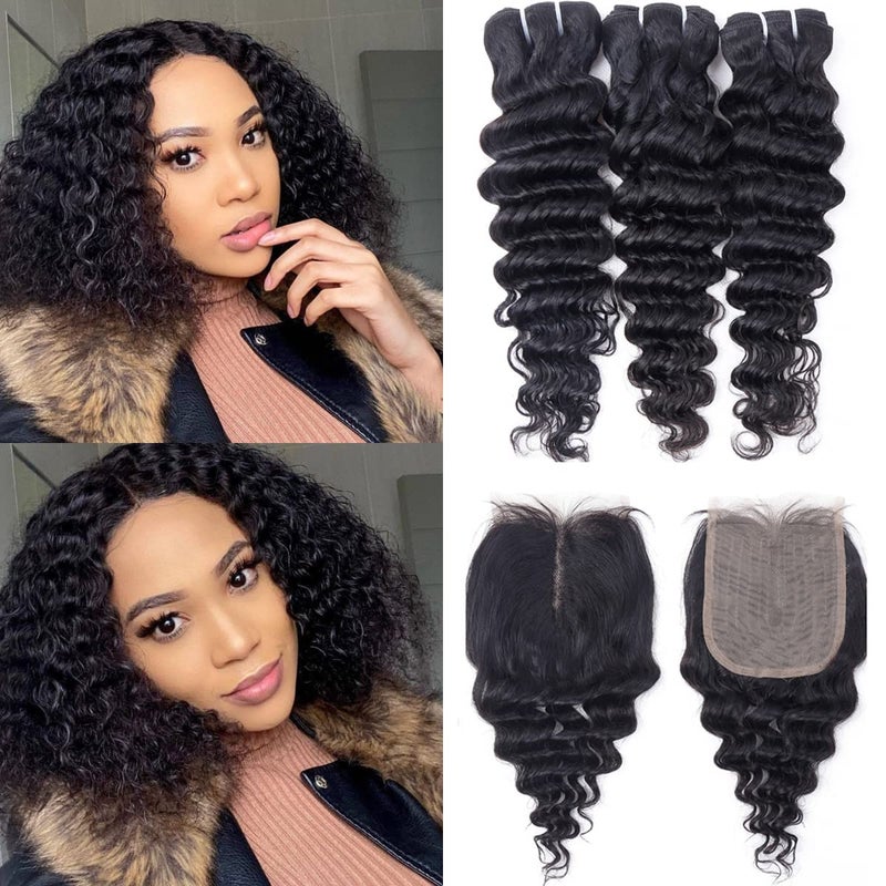 Deep Wave Bundles with Closure 10A Brazilian Deep Water Curly Weave Human Hair 3 Bundles with 4x4x1 Closure Wet and Wavy Short Bob Curly Hair Weft and Closure 70gbundle10 12 1410