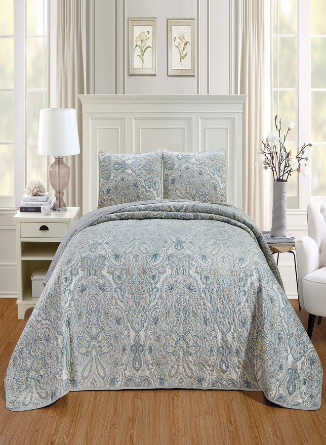 Masterplay 3-Piece Full Size Quilt Set Velvet Bedspread Coverlet Fine Printed Warm Winter Bed Cover (Pale Blue, Light Grey, Paisley), Oversize Queen - Image 1