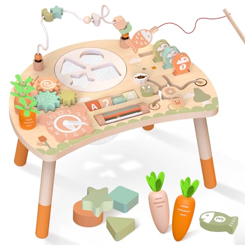Weilim Activity Table 9in1 Wooden Montessori Toy Activity Center with Shape Sorter Fishing Game Bead Maze Baby Play Table Sensory Educational Toys for Toddler - Image 1