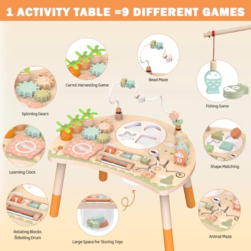 Weilim Activity Table 9in1 Wooden Montessori Toy Activity Center with Shape Sorter Fishing Game Bead Maze Baby Play Table Sensory Educational Toys for Toddler - Image 5