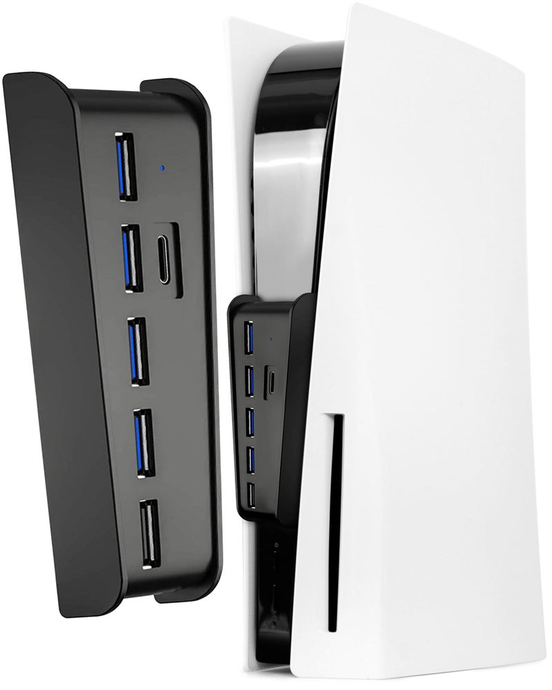 Joso USB Hub for PS5, 6 Port High-Speed USB Expander Splitter with 4 USB-A 2.0 + 1 Charging Port + 1 Type C Port, Compatible with PS5 Front Jacks, Black - Image 1