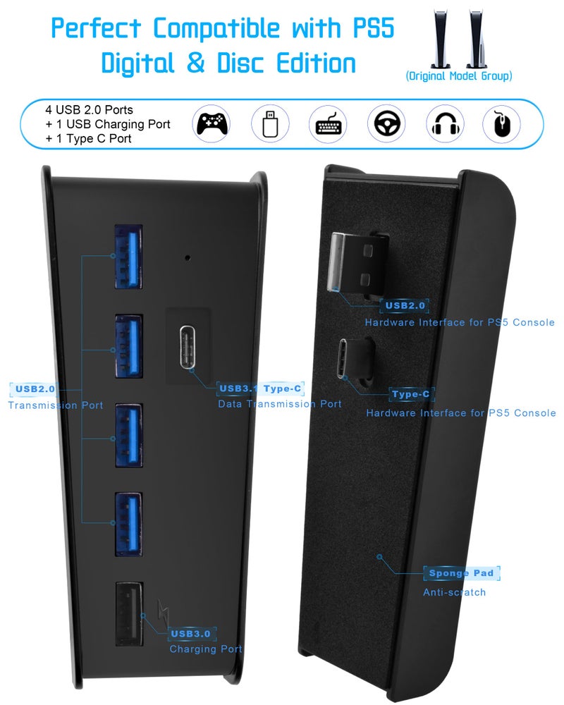 Joso USB Hub for PS5, 6 Port High-Speed USB Expander Splitter with 4 USB-A 2.0 + 1 Charging Port + 1 Type C Port, Compatible with PS5 Front Jacks, Black - Image 5