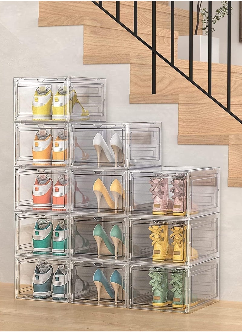 Eworld - Set of 6 Clear Plastic Stackable Shoe Storage Boxes with Magnetic Doors, Lids and Customizable Interlocking Design, Multi-Purpose Durable Organizer Containers for Shoes, Books, Toys, Clothing and Jewelry - Image 1