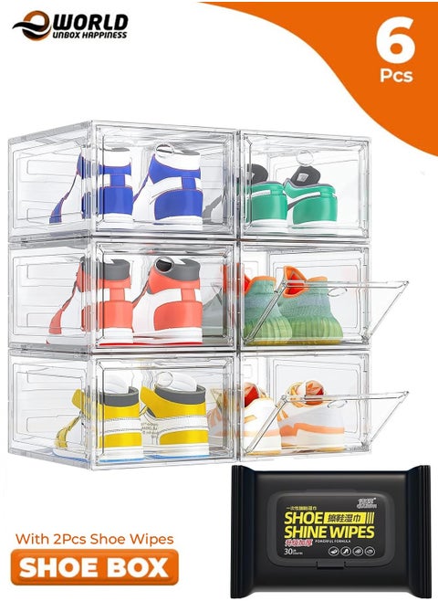 Set of 6 Clear Plastic Stackable Shoe Storage Boxes with Magnetic Doors, Lids and Customizable Interlocking Design, Multi-Purpose Durable Organizer Containers for Shoes, Books, Toys, Clothing and Jewelry