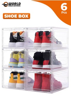 Set of 6 Clear Plastic Stackable Shoe Storage Boxes with Magnetic Doors, Lids and Customizable Interlocking Design, Multi-Purpose Durable Organizer Containers for Shoes, Books, Toys, Clothing and Jewelry